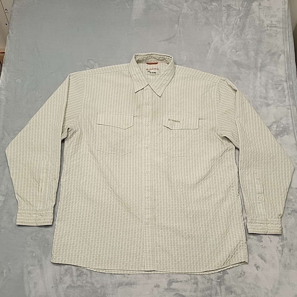 Simms Shirt Mens XXL Tan No Fly Zone Fishing Button Down Hike Trail Outdoors